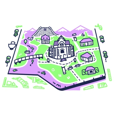 An illustrated map unfolds, showcasing a vibrant landscape filled with various landmarks. The map is divided into distinct sections, each representing different regions and attractions. In the center, there is a prominent, intricately designed "town square" surrounded by notable buildings and shops. To the left, a river winds through the landscape, with a "bridge" crossing over it, adorned with decorative elements. Mountains rise in the background, featuring a "ski resort" at the peak. Along the edges, icons denote "restaurants," "parks," and "museums," while tiny "vehicles" navigate the streets. The borders of the map are embellished with green and purple decorative motifs, framing the entire scene and adding to its charm.