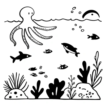 A variety of sea creatures swimming in the ocean, including a large octopus with extended tentacles, several schools of fish darting around, and a graceful dolphin leaping above the water's surface. A sea turtle gliding near the ocean floor is accompanied by intricate coral formations. Bubbles rise from the creatures as they move through the water.