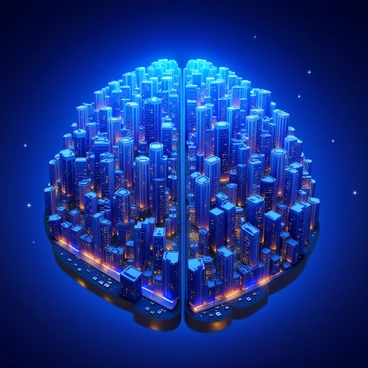 A bustling cityscape at night with lights outlining the shape of a brain, highlighting the prefrontal cortex
