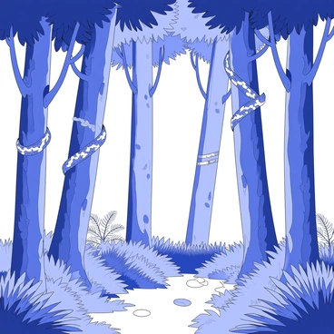 A dense rainforest filled with tall tree trunks made of rolled-up currency. The trunks vary in size and height, creating a thick canopy overhead. Vines intertwine between the trunks, also crafted from rolled currency, cascading downward and giving a textured appearance to the scene. The ground is covered with underbrush, and small patches of light filter through the leaves above, creating a dappled effect on the forest floor. The scene is rich with details, including leaves and ferns surrounding the base of the trees, enhancing the lushness of the environment.