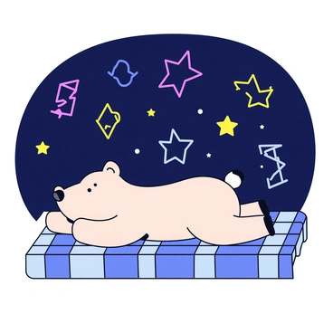 A slowboy lying on a blue and white checkered blanket. He has a cheerful expression while looking up at a night sky filled with bright stars and colorful constellations. The stars twinkle against the deep navy background, and the constellations are clearly outlined, creating distinct shapes. The slowboy's arms are stretched out comfortably beside him, and the blanket is neatly spread beneath him.