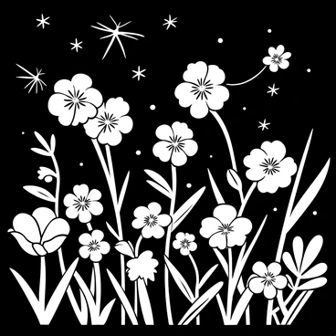 A black-and-white illustration of a night garden filled with evening primroses in various stages of bloom. The flowers have delicate petals that are open wide, revealing their intricate inner structures. Glowing fireflies float among the flowers, their light creating a visual contrast against the dark background of the garden. The leaves of the evening primroses are lush and sprawling, adding texture to the scene. The sky above is filled with a soft, dark gradient, indicating nightfall, while the silhouettes of plants create depth in the composition.