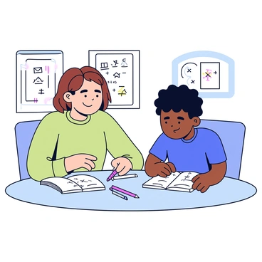 A volunteer is sitting at a round table in a local community center. The volunteer is a middle-aged woman with short brown hair, wearing a light green sweater. She is leaning forward, smiling as she explains a math problem to a teenage boy. The boy has curly black hair and is wearing a blue t-shirt. He is focused on a notebook in front of him, which has handwritten notes and drawings. Various educational posters decorate the light-colored walls of the community center in the background. On the table, there are a few colored pencils and an open textbook.