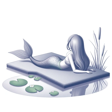 A freshwater mermaid lounging on a riverbank. She has shimmering scales and long flowing hair cascading over her shoulders. Her tail is adorned with intricate patterns and blends seamlessly with the surrounding environment. She rests on a bed of soft grass, with her arms supporting her as she gazes at the water. The riverbank is dotted with green lily pads floating on the surface of the water. Some of the pads have delicate white flowers blooming, adding to the serene atmosphere. In the background, tall reeds sway gently in the breeze, creating a tranquil setting.