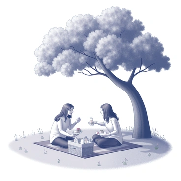 Two friends are sitting on a picnic blanket spread out on a grassy area. They are enjoying a picnic with a basket filled with various snacks and drinks. One friend is reaching for a sandwich, while the other is holding a colorful plate of fruit. Above them, a large oak tree provides shade with its spreading branches and lush foliage. Sunlight filters through the leaves, casting playful shadows on the ground. In the background, there are patches of wildflowers and a clear blue sky.