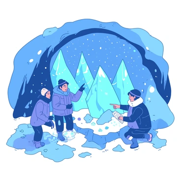 A group of explorers dressed in warm winter gear is inside an icy cavern filled with glistening blue and white crystals protruding from the walls. They are gathered around a large crystal formation that emits a soft glow, revealing intricate patterns on its surface. One explorer is holding a map while pointing at the crystals, indicating a solution to the puzzle. Another explorer is kneeling down, inspecting a smaller crystal. Outside the cavern, snow can be seen swirling in a fierce snowstorm, creating a stark contrast to the calm atmosphere inside. The explorers appear focused as they work together to solve the mystery of the crystals and find a way to escape.