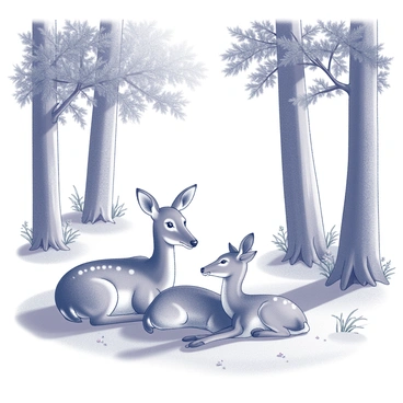 A group of three roe deer resting on the soft forest floor. The deer are nestled closely together, with one adult doe lying down and two fawns sitting beside her. Surrounding them are tall trees with broad trunks and dense green foliage. Sunlight filters through the leaves, casting dappled shadows on the ground. The clearing is free of underbrush, creating a peaceful space for the deer to relax. In the background, a few patches of wildflowers add texture to the forest scene.