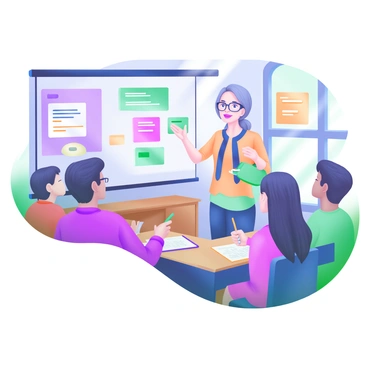 A classroom setting with a language teacher standing at the front, using expressive gestures to explain a concept. The teacher is a middle-aged woman with glasses, wearing a colorful blouse. She is surrounded by a diverse group of attentive students, who are sitting at their desks, looking engaged. One student is raising a hand to ask a question, while others are taking notes. The classroom is decorated with posters of different languages and motivational quotes. Natural light is streaming through the windows, enhancing the vibrant atmosphere.