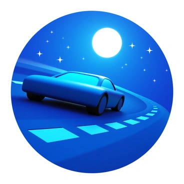 A car silhouette speeding on a curved racetrack. The track extends into the distance, with tire marks visible. A bright full moon illuminates the scene, casting a glow on the car's sleek outline. Stars twinkle in the night sky, providing a contrasting backdrop. The atmosphere conveys a sense of speed and motion.