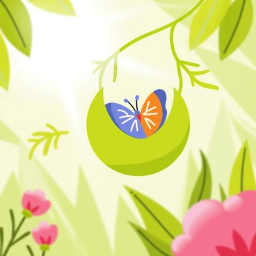 A colorful butterfly emerging from a green cocoon. The butterfly has vibrant blue and orange wings, displaying intricate patterns. The cocoon is hanging from a delicate branch in a lush green environment. Sunlight filters through the leaves, illuminating the scene and highlighting the butterfly's wings as it stretches them for the first time. The surrounding background features soft, blurred flowers in various colors, enhancing the focus on the butterfly and cocoon.
