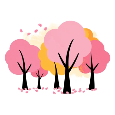 Cherry blossom trees with petals fluttering in the wind, blending with fiery colors.