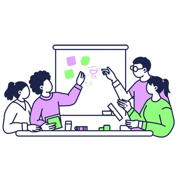 A group of five diverse individuals is gathered around a whiteboard in a brightly lit room. They are engaged in a brainstorming session. One individual, a woman with curly hair, is writing notes on the whiteboard with a green marker, while another person, a man with glasses, is pointing at the board, discussing a concept. A woman with straight hair is taking notes on a tablet, her expression focused. To the side, a man with a beard is holding a cup of coffee and listening intently, while another person, a woman with a ponytail, is gesturing enthusiastically, contributing her ideas. Various colorful sticky notes and markers are scattered on a table in front of them.