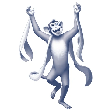 A monkey stands upright, its arms raised as it moves rhythmically. It is adorned with flowing fabrics draped around its body, which swirl and flutter with each motion. The monkey's face is expressive, showcasing a joyful demeanor as it engages in the traditional dance. The background features detailed patterns and textures that enhance the performance atmosphere. The scene captures the fluid movement of the fabrics, emphasizing the energy and grace of the dance.