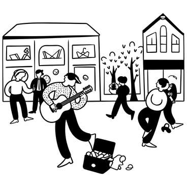 A street musician playing a guitar energetically on a bustling city sidewalk. The musician is wearing a patterned shirt and a hat. There is a guitar case open in front of him, filled with coins and bills. People are walking by, some stopping to listen, while others are engaged in conversation. Buildings line the sidewalk, with shop windows displaying various items. Trees with leaves are positioned sporadically along the street.
