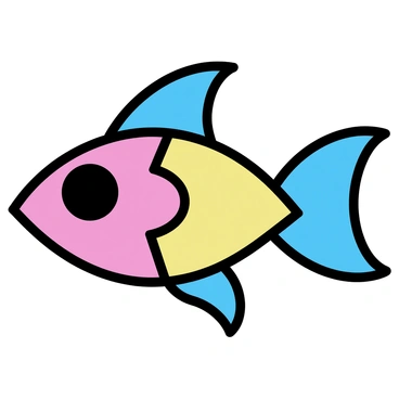 A fish shape created with a series of interlocking geometric shapes, including triangles and circles. The design features bold colors, such as bright blue, vivid red, and deep yellow. The fish has sharp angles and smooth curves, with its body divided into distinct sections, each filled with a different color. The eye of the fish is a large black circle, contrasting against the colorful body.