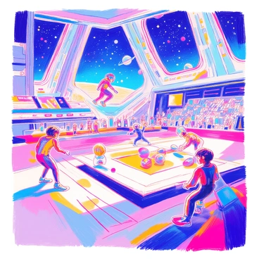 A group of athletes is competing in a zero-gravity sports event inside a futuristic space arena. The athletes are dressed in sleek, high-tech athletic suits, each displaying unique colors and logos. Some athletes are performing acrobatic flips and spins in mid-air, while others are engaged in a fast-paced game involving a floating ball. The arena is illuminated with bright, colorful lights, and large screens display the scores and live feeds of the competition. In the background, large windows reveal a stunning view of distant stars and planets. The atmosphere is filled with excitement and energy.