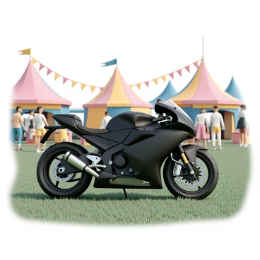 A sleek BMW motorcycle, painted in a glossy black finish, is parked on a grassy area. The motorcycle features chrome accents and intricate details, showcasing its modern design. In the background, there are colorful festival tents in various shapes and sizes, adorned with vibrant flags fluttering in the gentle summer breeze. The scene is filled with an atmosphere of excitement and joy, with festival-goers mingling and enjoying the warm sunshine. The green grass contrasts with the vivid colors of the tents and flags, enhancing the lively summer festival ambiance.