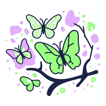 A collection of butterfly shapes is arranged in an artistic composition. Each butterfly features intricate patterns on its wings, showcasing various geometric designs and lines. Some butterflies are displayed in flight, while others are perched on a stylized branch. The background includes shapes that mimic the delicate movements of butterflies, creating a sense of fluidity and grace. Each element is interconnected, emphasizing the theme of transformation and beauty found in nature.