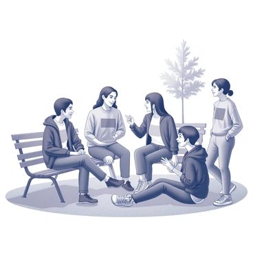 A group of teenagers gathered in a park. They are interacting with each other, engaged in lively conversation and laughter. Some of them are sitting on a grassy area, while others are leaning against a nearby tree. Each teenager is wearing distinct outfits that showcase various styles of street fashion, with elements such as oversized jackets, graphic tees, and trendy sneakers. The atmosphere is filled with energy as they enjoy their time together in the open space, surrounded by park benches and a few scattered trees in the background.