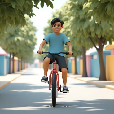 An Indian boy, wearing a blue t-shirt and black shorts, is riding his bicycle down a tree-lined street. The bicycle is red with black handlebars. The trees on either side of the street are lush and green, providing a canopy of shade. Sunlight filters through the leaves, casting dappled shadows on the pavement. The boy has a big smile on his face as he pedals, with his hair slightly tousled by the breeze. In the background, there are colorful houses lining the street, adding to the vibrant scene.