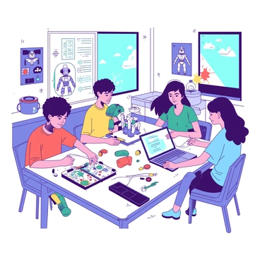 A group of students is gathered around a large table in a bright classroom filled with various robotics kits. Each student is focused on their own project, assembling parts and connecting wires. One student is holding a small teal robot with blinking lights, while another is programming a white robot on a laptop. Tools, colorful gears, and circuit boards are scattered across the table, indicating a busy and creative environment. The walls of the classroom are decorated with posters of famous robots and tech innovations.