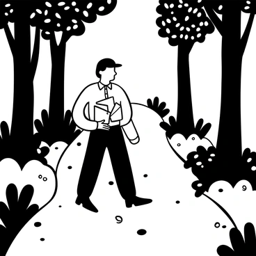 A postman wearing a uniform is walking along a scenic path that winds through a densely wooded area. He is holding several letters in one hand, while his other hand rests at his side. Tall trees surround the path, with their trunks standing straight and branches reaching upwards. The ground is covered with a mixture of fallen leaves and small rocks, leading the way through the forest. The sunlight filters through the leaves, casting intricate patterns of light and shadow on the path.