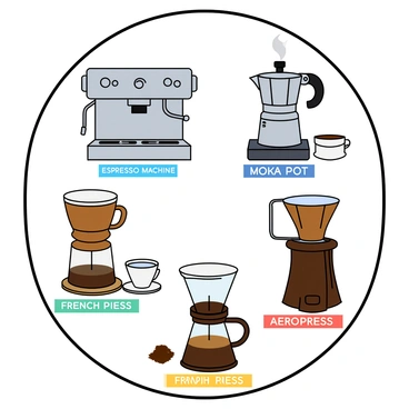 A circle of different brewing methods for making perfect espresso