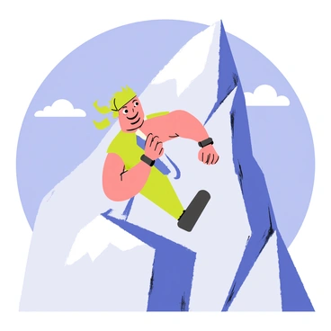 A muscular character with green hair and a bandana is climbing a steep, rocky mountain. He has a determined expression on his face, showing focus and perseverance. His arms are flexed as he grips onto the rocks, while his muscular legs are positioned firmly against the vertical surface. The mountain is jagged and rugged, with patches of snow near the peak. In the background, a bright blue sky contrasts with the rocky landscape, enhancing the sense of altitude and effort in his ascent.
