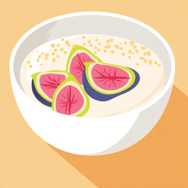 A white ceramic bowl filled with creamy yogurt sits on a wooden table. The yogurt has a smooth, thick texture and is topped with several halved fresh figs, showcasing their deep purple skin and bright pink insides. A light sprinkle of golden granola adds a crunchy texture on top. The scene is enhanced with a soft, natural light illuminating the bowl, highlighting the vibrant colors of the figs and the creamy yogurt.