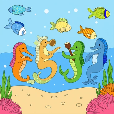 A vibrant underwater scene filled with playful seahorses and colorful fish. The seahorses are dancing gracefully, each adorned with unique patterns and vibrant colors. Some seahorses hold instruments made from sea elements, such as a coral trumpet, a shell drum, and seaweed flutes. Nearby, bright fish swim in harmony, joining the musical festivities. The fish have shimmering scales in various shades of blue, yellow, and orange, and they swirl around the seahorses, creating a lively performance. The ocean floor is dotted with colorful corals and soft sand, adding to the lively atmosphere of this underwater concert.