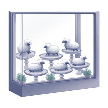 A bakery window display showcases an assortment of sheep-shaped pastries arranged neatly on ornate trays. The pastries are carefully crafted, each resembling a sheep, with textured and fluffy details on their surfaces. The trays are elaborately designed, featuring intricate patterns and embellishments. The window is framed with small potted herbs, adding a rustic touch to the scene. Soft lighting highlights the pastries, making them appear inviting and delicious.