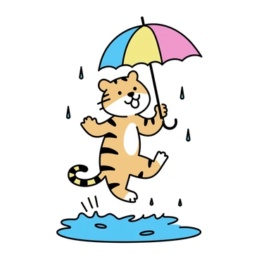 A tiger with vibrant orange and black stripes is jumping into a puddle, creating splashes of water around. The tiger is holding a colorful umbrella featuring bright patterns of red, blue, and yellow. Raindrops are visibly falling from the sky, and there are several small puddles on the ground reflecting the colors of the umbrella. The scene captures the joyful movement of the tiger amidst the rainy backdrop.