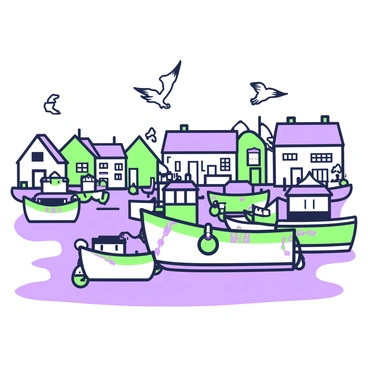 A picturesque harbor in Normandy is filled with several fishing boats of various sizes, gently bobbing on the water. The boats are adorned with colorful fishing nets and other equipment, creating a vibrant scene. In the background, there are quaint buildings with slanted roofs lining the harbor. Seagulls are soaring above, some perched on the edges of the boats while others fly in the sky. The surface of the water reflects the silhouettes of the boats and the surrounding scenery, adding to the charm of the harbor.