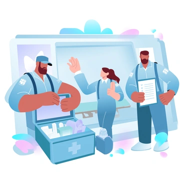 A group of paramedics is inside an ambulance, preparing their gear. One paramedic is organizing a medical bag filled with various equipment, ensuring everything is in order. Another paramedic is checking a clipboard with lists of supplies. The ambulance interior is equipped with medical devices, and a stretcher is visible in the background. Bright, gradient pastel colors create a lively atmosphere in the scene.