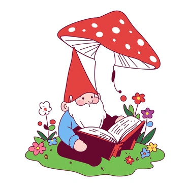 A red garden gnome with a long white beard is sitting on a green patch of grass, intently reading a large, colorful fairy tale book. The gnome is wearing a pointed red hat and a blue tunic, his small hands carefully turning the pages of the book. Above him, a large white mushroom is serving as an umbrella, sheltering him from the sunlight. The mushroom has a wide, flat cap with white spots, creating a delightful contrast against the vibrant colors of the garden. Surrounding the gnome are various small flowers in different colors, adding to the whimsical nature of the scene.