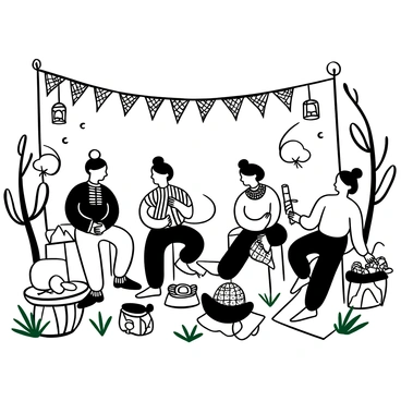 A group of traditional dancers in elaborate outfits are gathered in a bustling area during a local festival. The dancers are taking a break, sitting on low stools, with their feet resting on soft mats. Beside each dancer, a person is giving a foot massage, using their hands to apply gentle pressure. Surrounding them, colorful banners and decorations hang in the air, creating a lively atmosphere. Festive lanterns dangle from nearby trees, and scattered around are small tables with various traditional foods. The ground is covered with green grass and festive ornaments, enhancing the joyful ambiance of the scene.