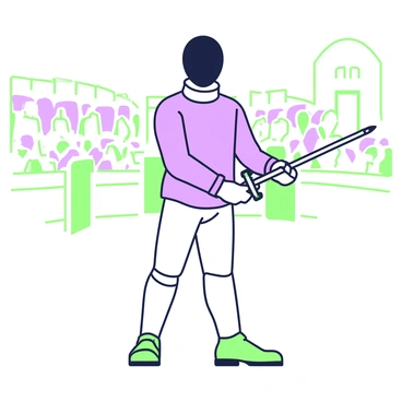 A fencer is standing in a classic en garde position, poised for a duel. The fencer wears a mask that covers the face, with a protective jacket featuring a distinct collar. The sword is held in the right hand, pointed forward, while the left hand is positioned slightly back for balance. The legs are bent in a dynamic stance, with one foot slightly forward. The background features a blurred outline of an arena with spectators, emphasizing the focus on the fencer in the forefront.