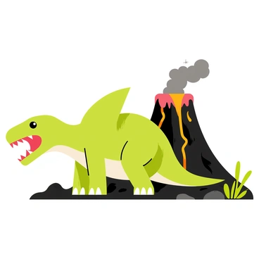 A spinosaurus with a large sail on its back is roaring, showcasing its sharp teeth. The scene features an erupting volcano in the background, with dark gray smoke billowing into the sky. Red and orange lava is flowing down the sides of the volcano, pooling on the ground nearby. The landscape is rocky, with patches of blackened earth around the base of the volcano.