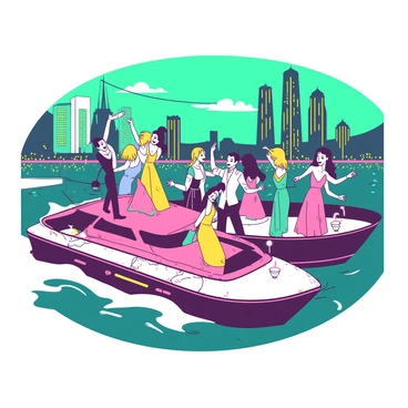 A vibrant yacht floats on the water with several guests dancing joyfully on the deck. The guests are dressed in elegant attire, each showcasing a mix of colorful dresses and suits. The yacht is adorned with string lights that illuminate the lively atmosphere. In the background, an Art Deco skyline features tall buildings with intricate geometric designs. The sky is a blend of deep teal and bright yellow, reflecting the festive ambiance of the party. Some guests are holding drinks while others are captured mid-dance, exuding energy and excitement.
