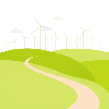 A large wind farm situated on a series of green, rolling hills. Numerous tall white turbines are evenly spaced, their blades spinning gently in the breeze. The sky is clear with a few fluffy white clouds scattered across. The sun casts soft light on the landscape, highlighting the vibrant green grass and the smooth curves of the hills. In the foreground, a narrow dirt path winds through the grass, leading toward the turbines in the distance.