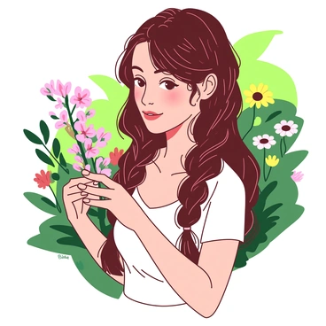 A woman with long, braided hair adorned with delicate ranunculus flowers in shades of pink and yellow. The flowers are intricately woven throughout the braid, adding vibrant pops of color against her dark hair. She is standing in a lush green garden, sunlight filtering through the leaves, casting soft shadows around her. The background includes soft-focus greenery and hints of additional colorful flowers. Her expression is serene, and she is gently touching one of the ranunculus flowers with her fingers.