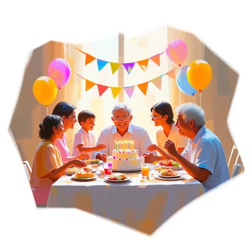 A cheerful birthday celebration takes place in a cozy living room filled with warm light. An elderly person with gray hair sits at the head of a decorated table, smiling broadly. Colorful balloons and a happy birthday banner adorn the walls. Family members, including a middle-aged woman with glasses and a young boy with curly hair, gather around, holding a cake with lit candles. Friends of the elderly person, including a couple in their seventies, are also present, sharing laughter and joy. Plates of snacks and glasses of drinks decorate the table, creating a festive atmosphere.