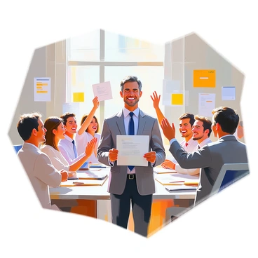 A corporate office scene with a manager standing at the front, smiling broadly as he hands out "performance bonus certificates" to a group of excited employees. The manager is a middle-aged man with short dark hair, wearing a suit and tie. The employees, a diverse group of both men and women, are gathered around him, some clapping and others holding up their certificates with expressions of joy. The office has large windows with sunlight streaming in, and there are motivational posters on the walls. Desks with computers and office supplies are seen in the background, completing the office atmosphere.