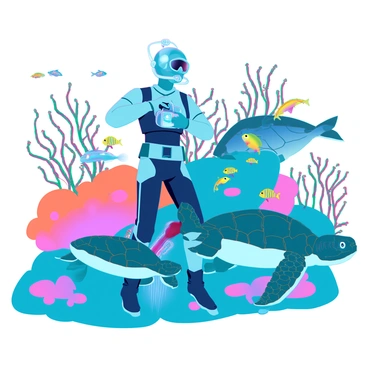 A detailed deep-sea diver action figure with a shiny metallic helmet and diver suit, holding a small underwater camera. The figure is positioned in the center of the scene, surrounded by vibrant marine life. Colorful coral reefs in shades of pink, orange, and purple form the background. Schools of small fish in bright hues of yellow, blue, and green swim around the diver. A large sea turtle glides gracefully in the foreground, while a curious octopus with long tentacles peeks out from behind a rock. Brightly colored seaweed sways gently in the water, completing the lively underwater scene.