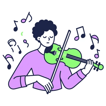 A musician is depicted in a close-up portrait, focused on playing a stringed instrument. The musician has curly hair, and they are wearing a simple, elegant outfit. Their eyes are closed, indicating deep concentration and immersion in the music. The instrument is a violin, held delicately under their chin with a bow in their right hand. Music notes are illustrated surrounding the musician, flowing outward as if they are emanating from the instrument, creating a sense of movement and rhythm. The background features minimal details to keep the focus on the musician and the instrument.