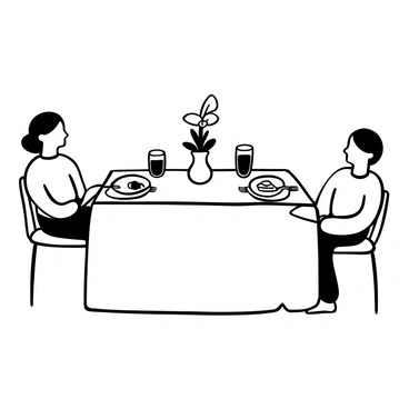A table set for two with a white tablecloth, adorned with a small vase holding a single flower. Two plates with simple food items are placed on the table, alongside a pair of forks and glasses filled with water. A lit candle in the center casts soft shadows around the scene. Two chairs are positioned at the table, and a gentle glow from the candle illuminates the surroundings, creating an intimate atmosphere.