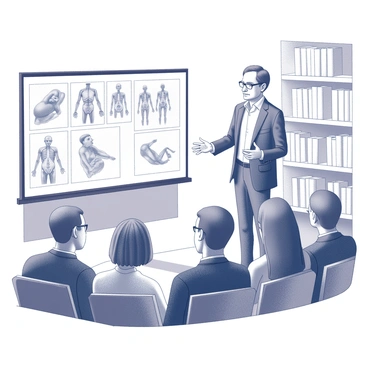 An artist stands at a podium, engaging an audience with a presentation on the history of anatomical drawing. The artist, a middle-aged individual, is dressed in professional attire, with short hair and glasses. Visible on a nearby screen are historical anatomical sketches depicting the human body. The audience, consisting of diverse individuals seated in rows, looks attentively at the presentation. The room is filled with bookshelves lined with art and medical texts, contributing to the scholarly atmosphere. The artist gestures towards the screen, emphasizing key points in the lecture.