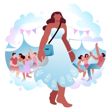 A young woman is standing in a vibrant outdoor setting filled with festival-goers. She is wearing a flowing bohemian dress with intricate patterns and soft fabric that complements the lively atmosphere. Over her shoulder, she carries a "Chanel" bag that stands out with its sleek design. The background features colorful tents and banners fluttering in the breeze, adding to the festive mood. People around her are enjoying the music and dancing, while a bright sky filled with pastel clouds creates a lighthearted scene.