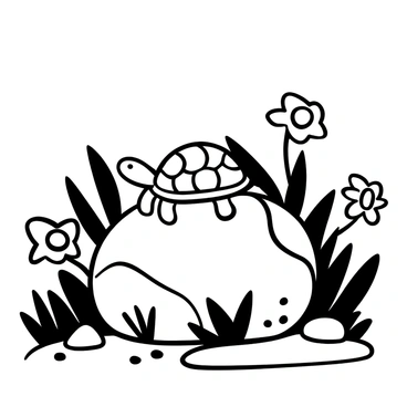 A turtle resting on a large, textured rock, surrounded by various plants and flowers typical of a rain garden. Sunlight casts distinct shadows on the rock, highlighting the turtle's shell patterns. Water droplets glisten on the leaves nearby, indicative of the garden's moist environment. Small stones and patches of wet soil are visible around the base of the rock, completing the natural setting.