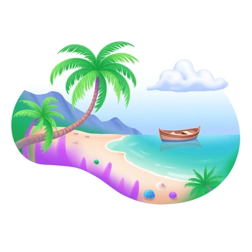 A tropical island scene featuring "bright green palm trees" with lush fronds swaying gently in the breeze. In the background, "turquoise waters" shimmer under the sunlight, creating a vibrant contrast with the sand. The sandy beach is dotted with small, smooth pebbles, and there are a few colorful seashells scattered around. The sky above is a clear blue, with a few fluffy white clouds floating softly. A small wooden boat is anchored close to the shore, gently bobbing on the waves.